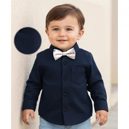 Babyoye Cotton Woven Full Sleeves Solid Colour Shirt With Bow - Navy Blue-picture-34