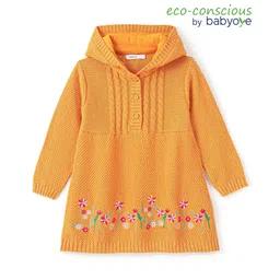 Babyoye Eco Conscious 100% Cotton Full Sleeves Hooded Sweater with Floral Embroidery - Orange image 1