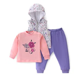Babyoye Eco Conscious 100% Cotton Full Sleeves Hooded Winter Wear Suits With Floral Print - Pink & Purple-picture-12