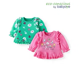Babyoye Eco Conscious 100% Cotton Full Sleeves Tops With Floral Print & Frill Detailing Pack of 2 - Dark Pink & Green-picture-34