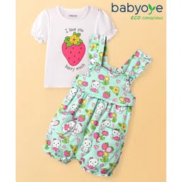 Babyoye Eco Conscious 100% Cotton Interlock Knit with Eco Jiva Finish Half Sleeves T-Shirt with Dungaree with Floral Print - White &Light Green-picture-38
