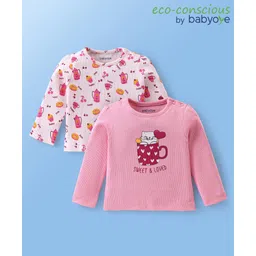 Babyoye Eco Conscious 100% Cotton Knit Full Sleeves Donuts & Kitty Printed Tops Pack of 2 - Pink & White-picture-14