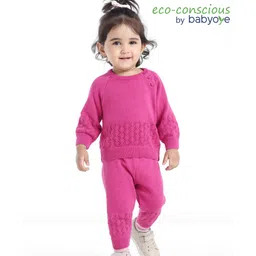 Babyoye Eco Conscious 100% Cotton Knit Full Sleeves Sweater Set with Self Design -  Pink-picture-22