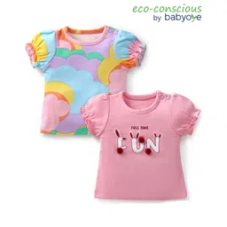 Babyoye Eco Conscious 100% Cotton Knit Puffed Sleeves T-shirts With Pom Pom Applique Pack of 2 - Pink-picture-13