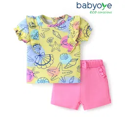 Babyoye Eco Conscious 100% Cotton Knit with Eco Jiva Finish Half Sleeves T-Shirt & Shorts Set With Sea Animals Print & Bow Applique - Light Green & Pink-picture-35