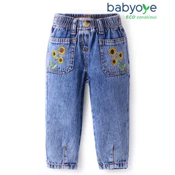 Babyoye Eco Conscious 100% Cotton Woven Full Length Washed Jeans with Floral Embroidery - Blue-picture-20