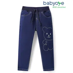 Babyoye Eco Conscious Cotton Blend Woven Full Length Denim Jeans with Bear Embroidery -Navy Blue-picture-15