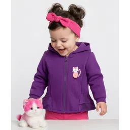 Babyoye Eco Conscious Cotton Full Sleeves Hooded Sweatshirt With Lining & Kitty Print - Purple-picture-14