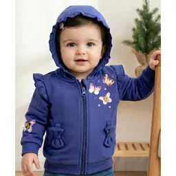 Babyoye Eco Conscious Female 100% Cotton Brushed Fleece Full Sleeves  Sequins Embroidered Hooded Front Open Sweatjacket - Navy Blue-picture-32