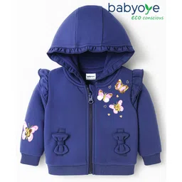 Babyoye Eco Conscious Female 100% Cotton Brushed Fleece Full Sleeves Sequins Embroidered Hooded Front Open Sweatjacket - Navy Blue-picture-22