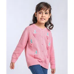 Babyoye Full Sleeves Cotton Front Open Sweater Grape Embroidery - Pink-picture-12