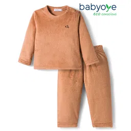 Babyoye Fur Knit Full Sleeves Solid Colour Winter Wear Co-ords Night Suit - Brown-picture-11