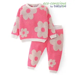 Babyoye Knitted Textured Full Sleeves Sweater Set with Floral Design - Pink-picture-20