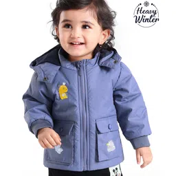 Babyoye Solid Full Sleeves Hooded Jacket with Dino Embroidered - Blue-picture-29