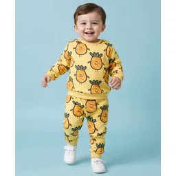 Babyoye Terry Knit Full Sleeves Winter Wear T-Shirt & Lounge Pant Co-ord Set With Pineapple Print - Yellow-picture-21