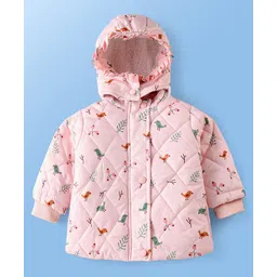 Babyoye Woven Full Sleeves Padded Hooded Jacket With Floral & Birds Print - Baby Pink-picture-12