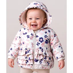 Babyoye Woven Full Sleeves Padded Hooded Jacket with Floral Print & Frill Detailing - White-picture-13