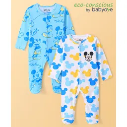 Babyoye Disney Full Sleeves Footed Sleep Suit Wwith Mickey Mouse All Over Print Pack Of 2 - White & Blue-picture-10