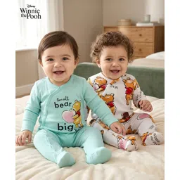 Babyoye Disney Interlock Knit Full Sleeves Front Open Footed Sleep Suits with Winnie the Pooh Graphics Pack of 2 - White & Sea Green-image-20