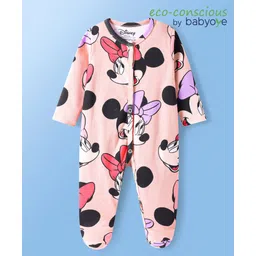 Babyoye Disney Interlock Knit Full Sleeves Front Open Minnie Mouse Printed Footed Sleep Suit - Pink-image-13