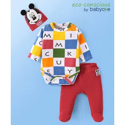 Babyoye Disney Interlock Knit Full Sleeves Onesie & Diaper Legging With Mickey Mouse Graphics & Cap - White & Red-image-0