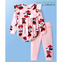 Babyoye Disney Interlock Knit Full Sleeves Onesie & Legging With Minnie Mouse Graphics & Frill Detailing - Pink-picture-10