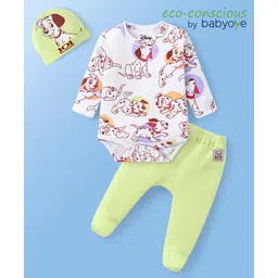 Babyoye Disney Interlock Knit Full Sleeves Onesie Set with Diaper Leggings & Cap with 101 Dalmatians Graphic- White & Green-image-4