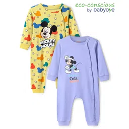 Babyoye Disney Interlock Knit Full Sleeves Rompers with Mickey Mouse Graphics Pack of 2 - Yellow & Lilac-image-10