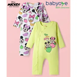 Babyoye Disney Interlock Knit Full Sleeves Rompers with Minnie & Friends Graphics Pack of 2 - White & Neon Green-image-45