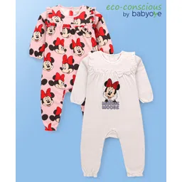 Babyoye Disney Interlock Knit Full Sleeves Rompers With Minnie Mouse Graphics & Bow Applique Pack of 2 - Pink & White-image-16