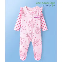 Babyoye Disney Interlock Knit Full Sleeves Sleep Suit With Minnie Mouse Graphics & Frill Detailing - Pink & White-image-21