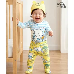 Babyoye Disney Interlock Knit Full Sleeves Winnie The Pooh Printed Striped Onesie with Diaper Legging & Cap - White & Yellow-image-21