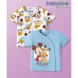 Babyoye Disney Interlock Knit Half Sleeves Front Open Jhablas With Mickey & Friends Graphic With Gold Foil Detailing Pack Of 2 - White & Light Blue-image-3