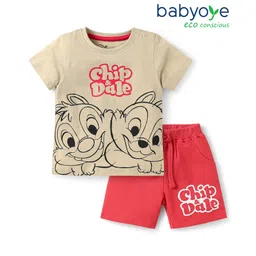 Babyoye Disney Interlock Knit Half Sleeves T-Shirt & Shorts Set with Chip & Dale Graphics - Red & Tan-image-0