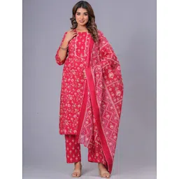 Bachuu Women Floral Printed Cotton Kurta with Trousers & Dupatta image 3