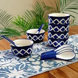 Backspace Retail Hand-Painted Ceramic Soup Bowls Set Off 6 with Matching Spoon | Blue Bowls, 300ml Each | Ideal for Serving Soup, Maggi, Dessert | Microwave and Dishwasher Safe-picture-31