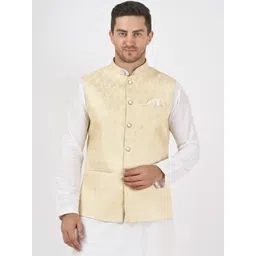 Badoliya & Sons Woven Design Mandarin Collar Nehru Jacket With Pocket Square-picture-17