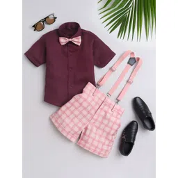 BAESD Boys Checked Short Sleeves Shirt With Shorts Bow & Suspenders-picture-23