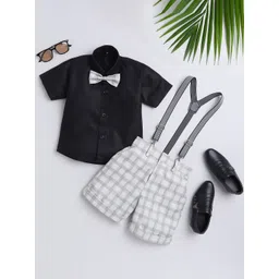 BAESD Boys Checked Short Sleeves Shirt With Shorts Bow & Suspenders-picture-53