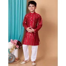 BAESD Boys Embroidered Mandarin Collar Sequinned Dupion Silk Straight Kurta & Pyjamas-picture-48
