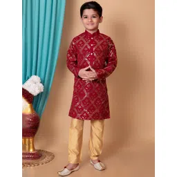 BAESD Boys Embroidered Mandarin Collar Straight Dupion Silk Kurta with Pyjamas-picture-18
