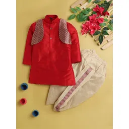 BAESD Boys Mandarin Collar Silk Cotton Straight Kurta & Dhoti Pant With Jacket-picture-26
