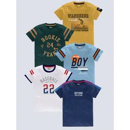 BAESD Boys Pack of 5 Typography Printed Round Neck Pure Cotton T-shirts-picture-36