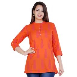 BAESD Ethnic Motif Printed Mandarin Collar Roll-Up Sleeves Cotton Longline Top-picture-19