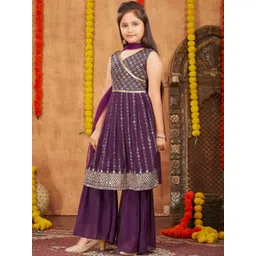 BAESD Ethnic Motifs Embroidered Angrakha Sequinned Georgette Kurta With Sharara & Dupatta-picture-55