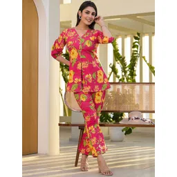 BAESD Ethnic Motifs Printed V Neck Cotton Shirt With Trousers Co-Ords-picture-30