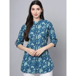 BAESD Floral Print Mandarin Collar Roll-Up Sleeves Ethnic Cotton Top-picture-13
