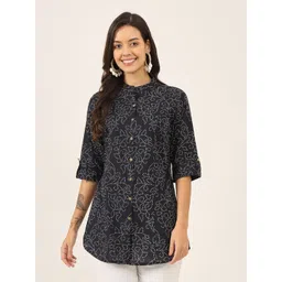 BAESD Floral Print Mandarin Collar Roll-Up Sleeves Ethnic Cotton Top-picture-20