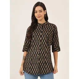 BAESD Floral Print Mandarin Collar Roll-Up Sleeves Ethnic Cotton Top-picture-21