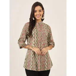 BAESD Floral Print Mandarin Collar Roll-Up Sleeves Ethnic Cotton Top-picture-22